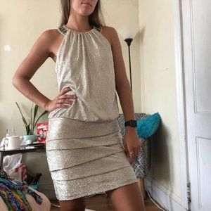 sparky gold Laundry dress with bedazzled neck